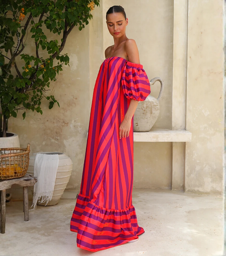 Detachable Sleeves Three-way Color Block Striped Maxi Dress