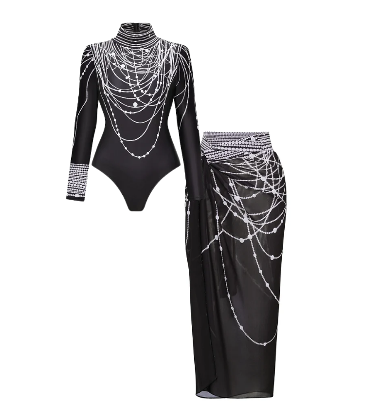 Long-Sleeved Pearl Print Surfing One Piece Swimsuit and Sarong