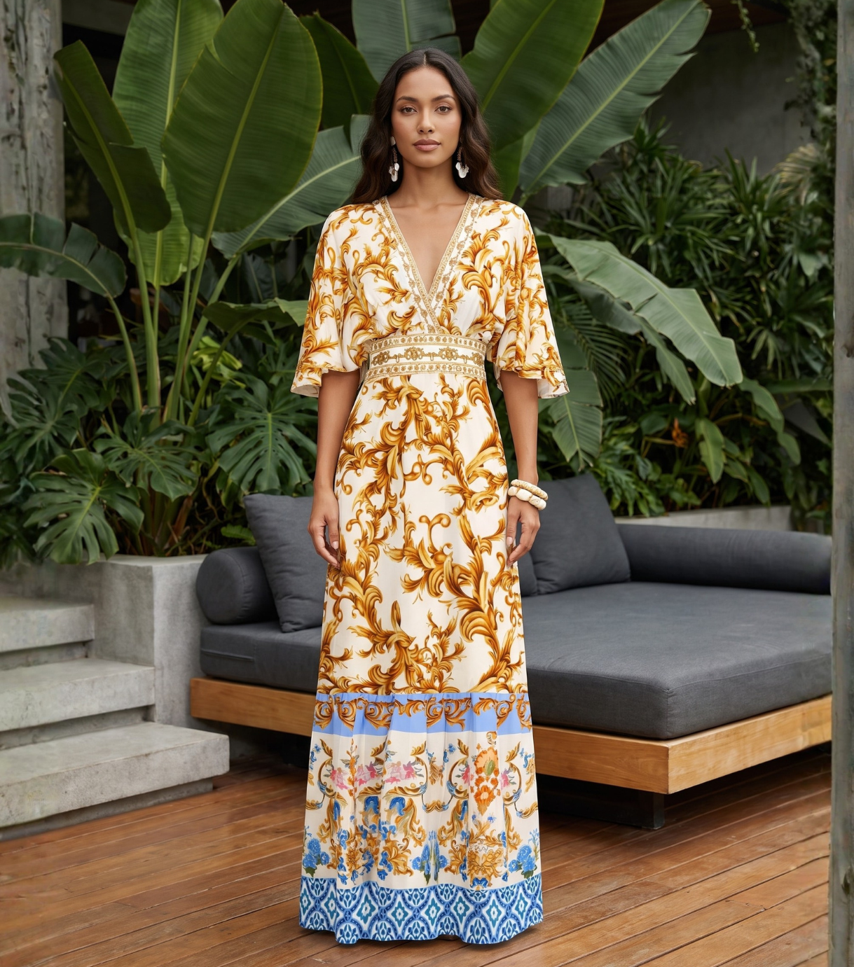 Golden Baroque Print Short Sleeve V-Neck Maxi Dress