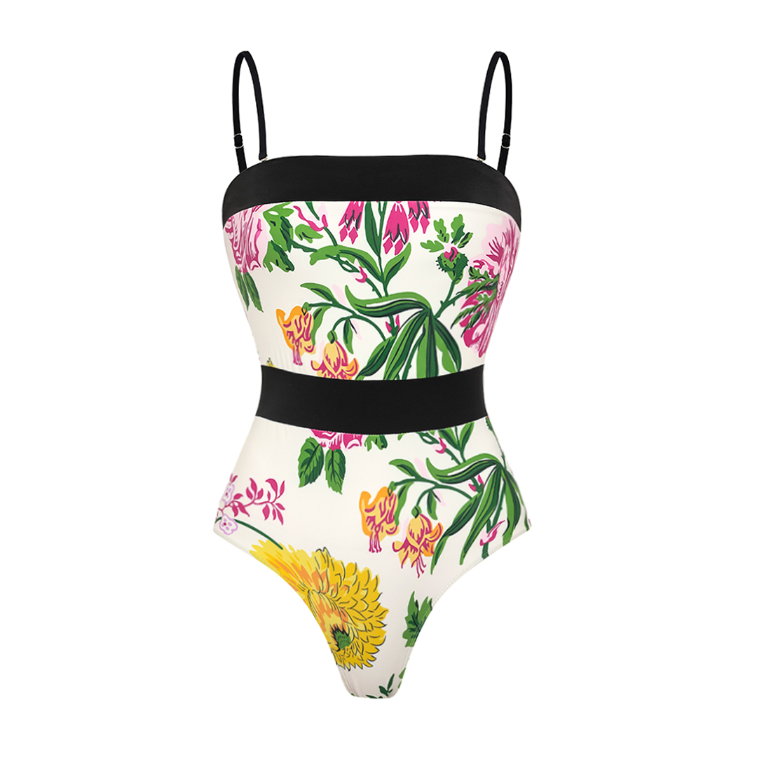 Off Shoulder Back Bow Tie Color Block Printed One Piece Swimsuit and Skirt Flaxmaker