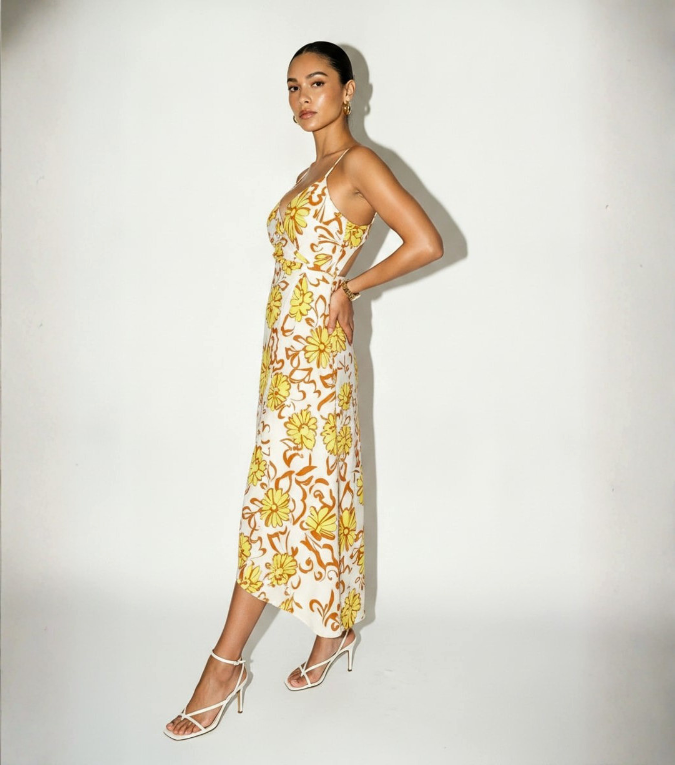 Yellow Floral Wrap Spaghetti Strap Midi Dress