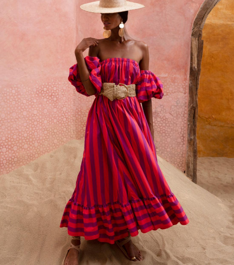 Detachable Sleeves Three-way Color Block Striped Maxi Dress