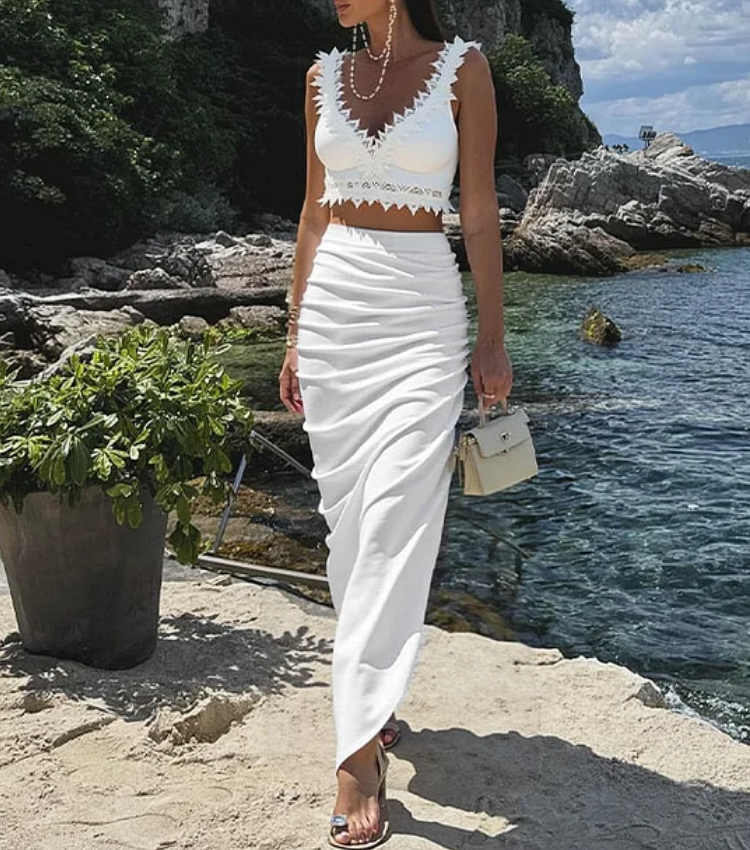 Lace V Neck Bikini Swimsuit and Skirt