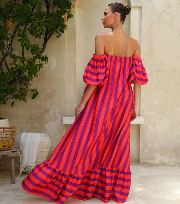 Detachable Sleeves Three-way Color Block Striped Maxi Dress