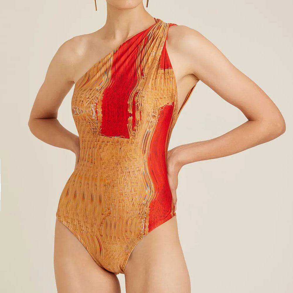 One Shoulder Yellow Printed Swimsuit Set(s)