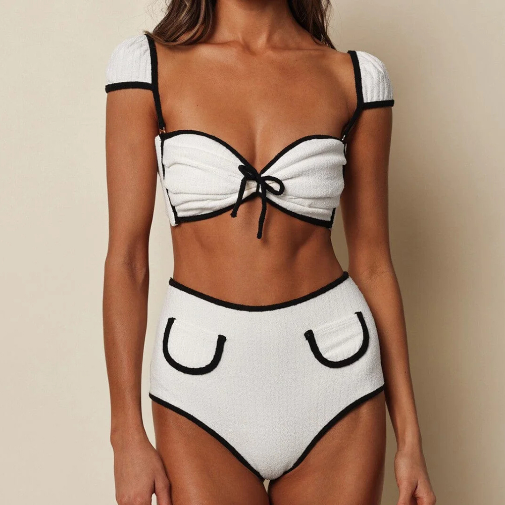 Ivory Black Trim High Waist Bikini Swimsuit and Skirt Flaxmaker