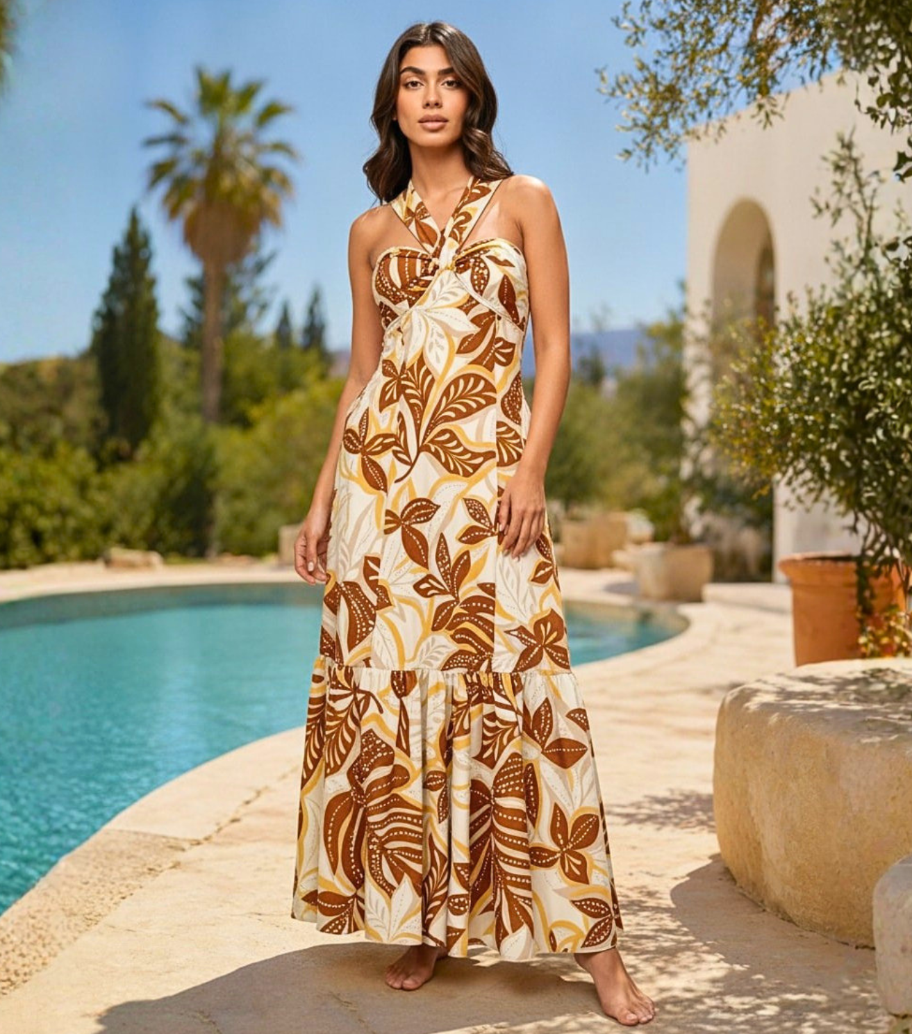 Tropical Leaf Print Halter Tiered Maxi Dress