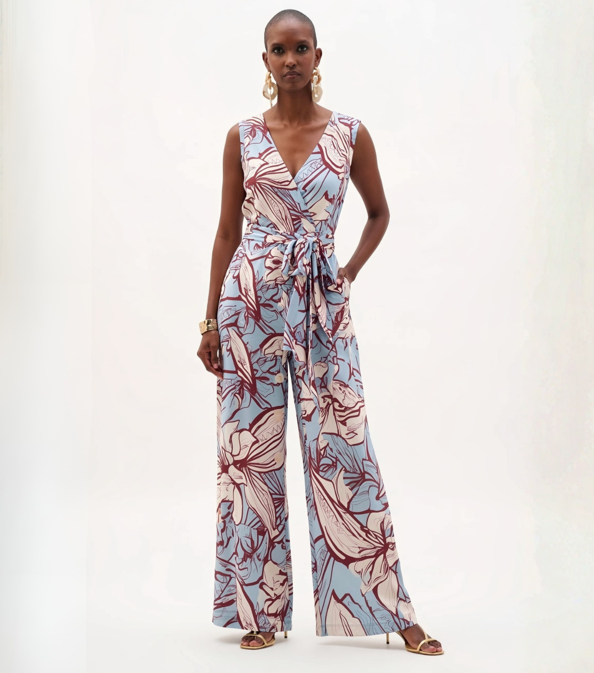 Light Blue Floral Print V-Neck Wrap Jumpsuit