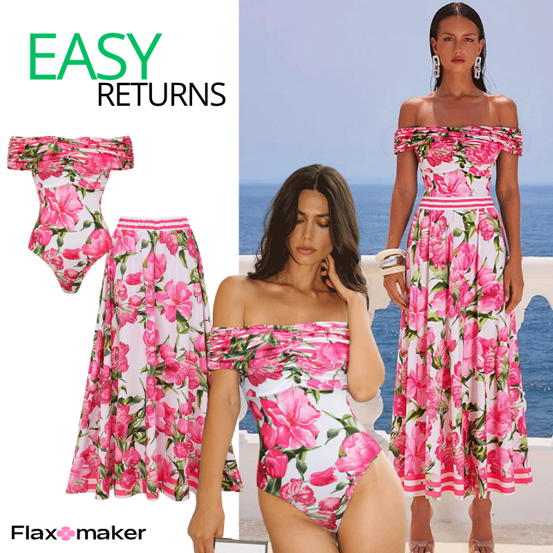 Ruched Off Shoulder Flower Print One Piece Swimsuit and Skirt