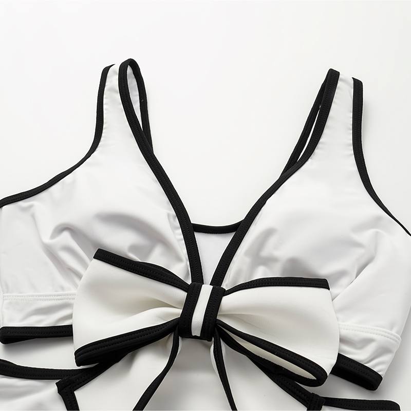 3D Bow Decor Black and White One Piece Swimsuit and Skirt