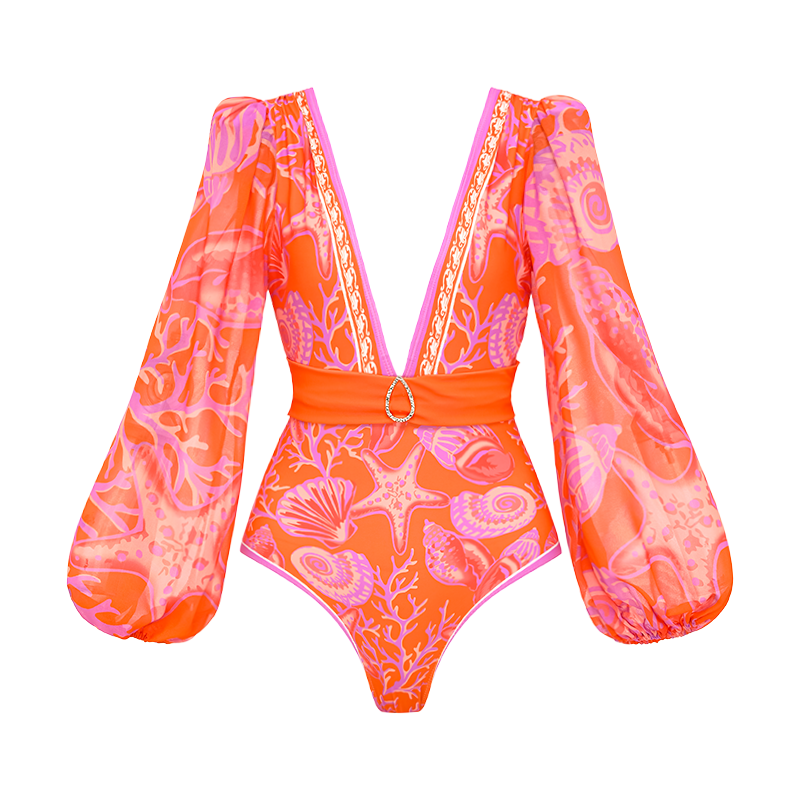 Long-sleeved V Neck Marine Plant Pattern Print One Piece Swimsuit and Skirt