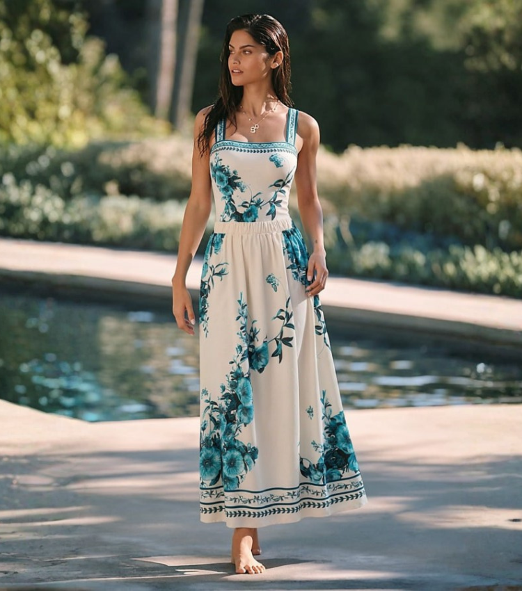 Dark Cyan Botanical Flower Print Swimsuit Set(s)