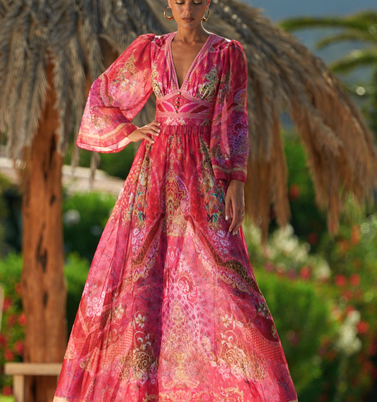 Long-sleeved Rose Red Blooming Flower Print One Piece Swimsuit and Skirt