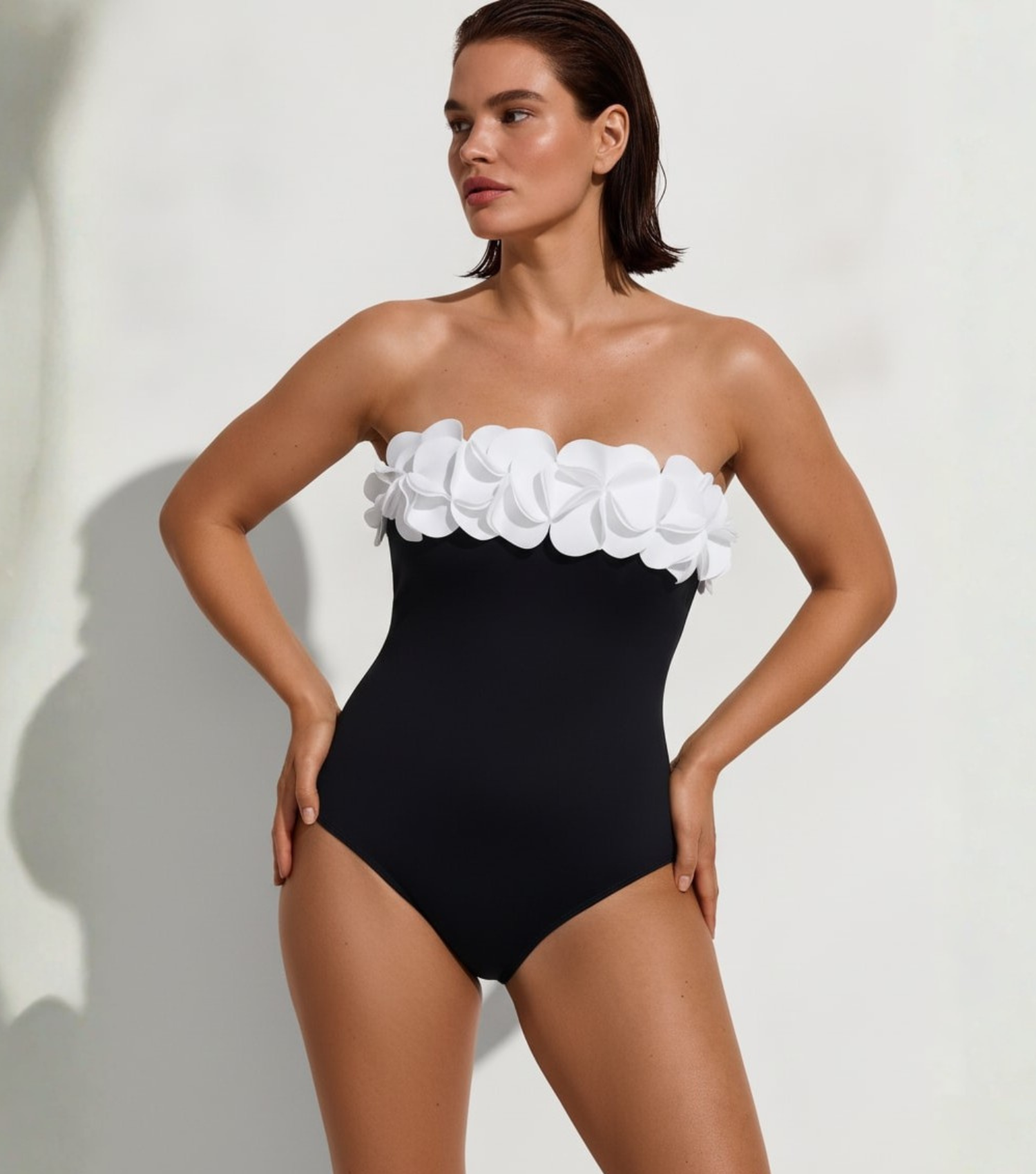 Plus Size Bandeau 3D Flower Color Block One Piece Swimsuit And Skirt