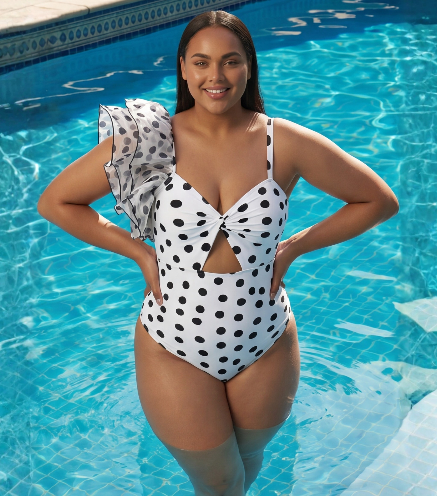 Plus Size One Shoulder Ruffle Dot Printed Cut Out One Piece Swimsuit and Skirt Flaxmaker