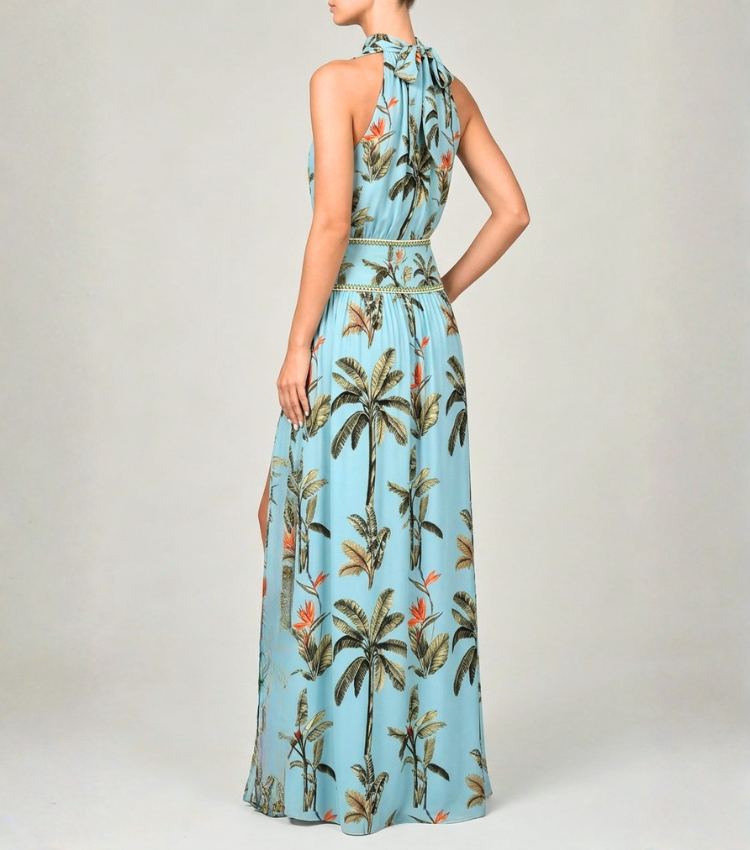 Light Blue Tropical Palm Halter Slit Maxi Dress