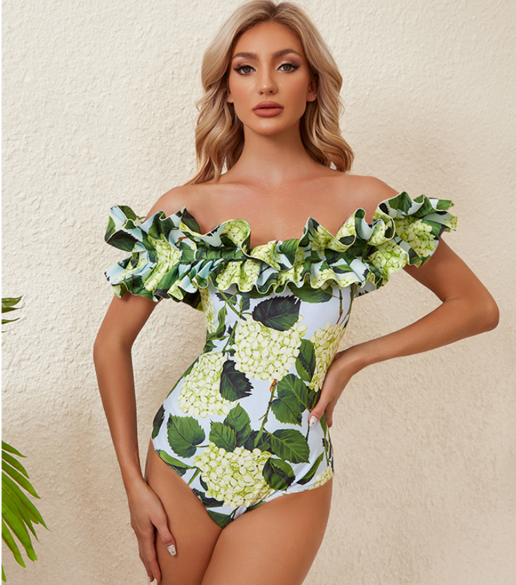 Off Shoulder Hydrangea Print Ruffle One Piece Swimsuit and Skirt Flaxmaker