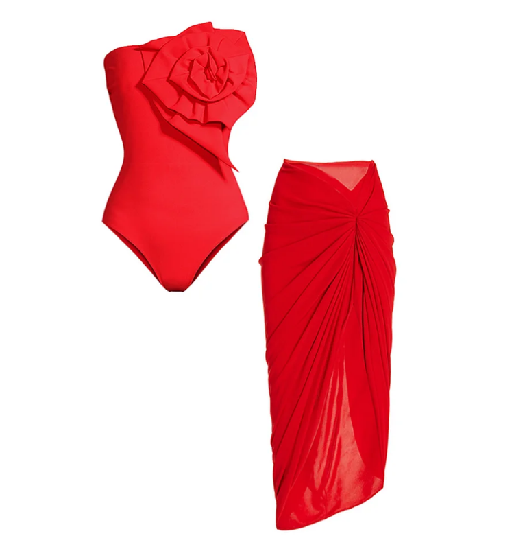 3D Flower Removable Strap Red One Piece Swimsuit and Sarong Flaxmaker