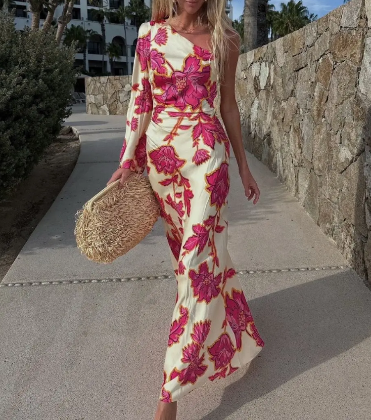 Oblique Shoulder  Printed Dress