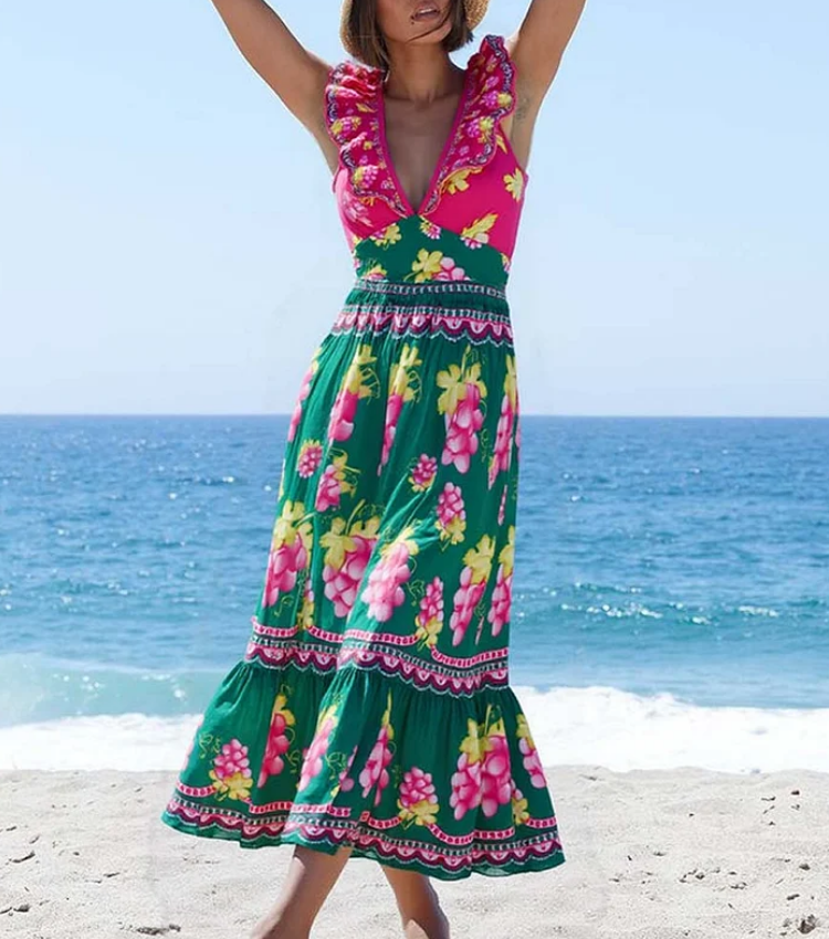 Ruffled Deep V Retro Green Grapes Print One Piece Swimsuit and Skirt