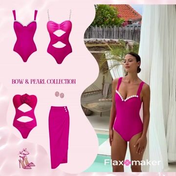 Sling Artificial Pearl Decor Pink One Piece Swimsuit and Skirt
