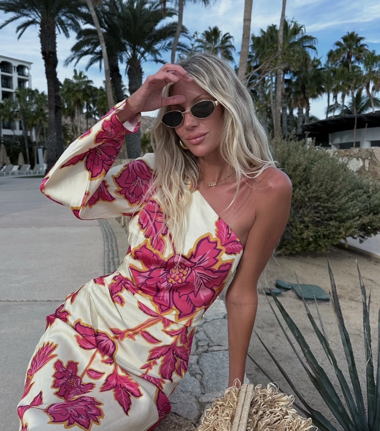 Oblique Shoulder  Printed Dress