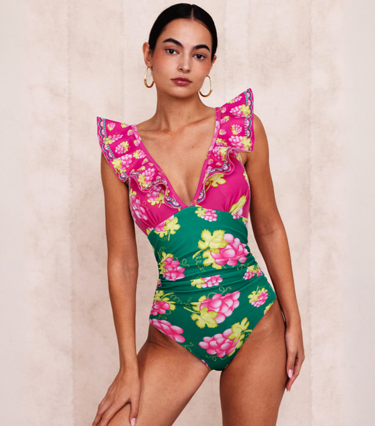 Ruffled Deep V Retro Green Grapes Print One Piece Swimsuit and Skirt