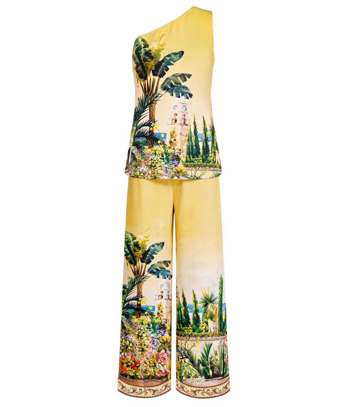 Mediterranean Garden Print One-Shoulder Pant Set