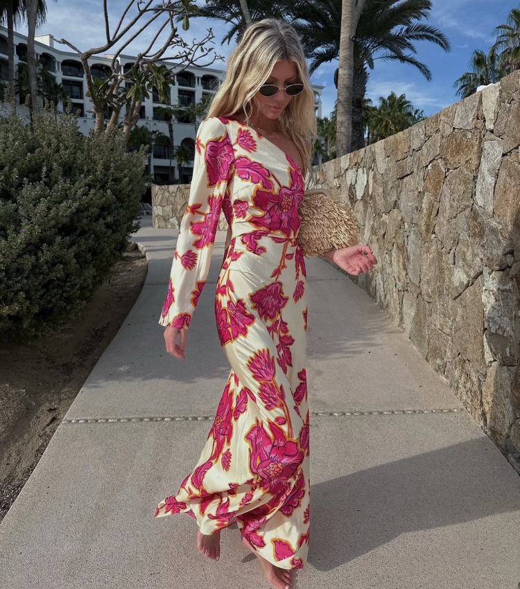 Oblique Shoulder  Printed Dress