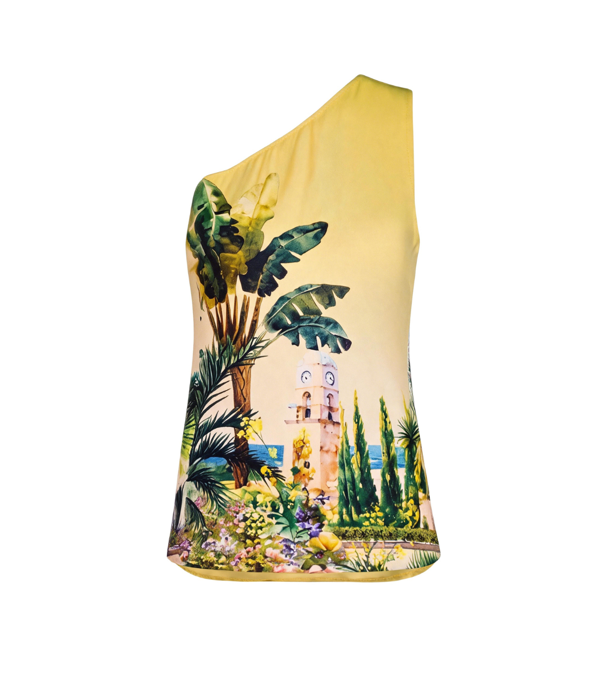 Mediterranean Garden Print One-Shoulder Pant Set