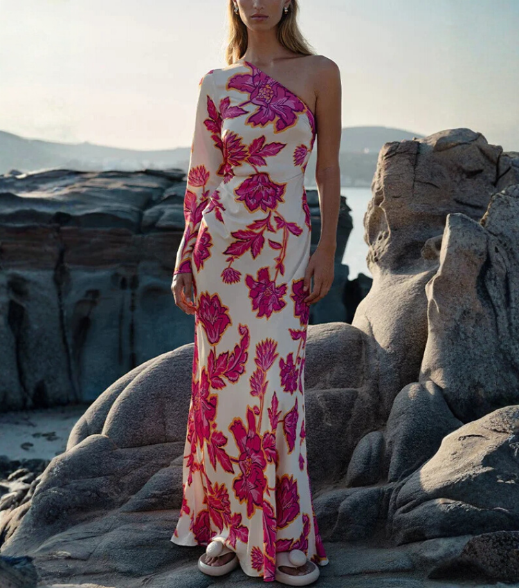 Oblique Shoulder  Printed Dress