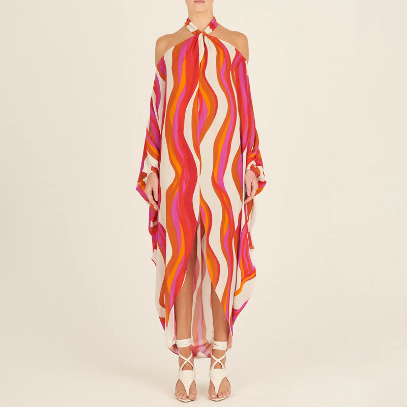 Halter Printed Color Block One Piece Swimsuit and Cover Up