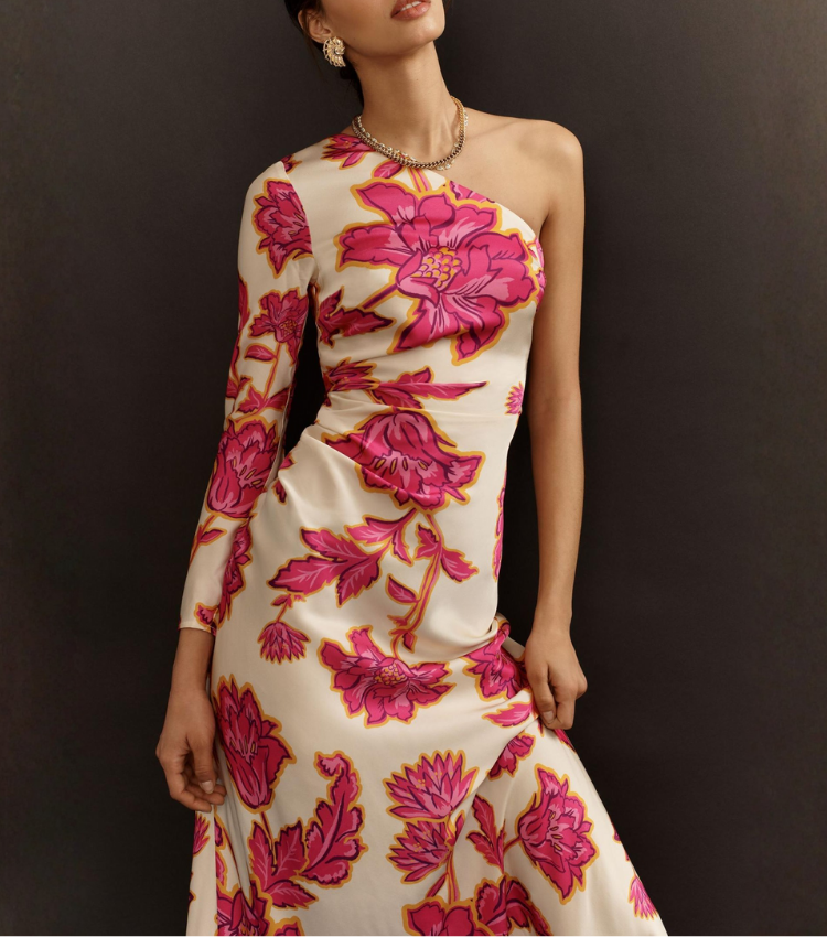 Oblique Shoulder  Printed Dress