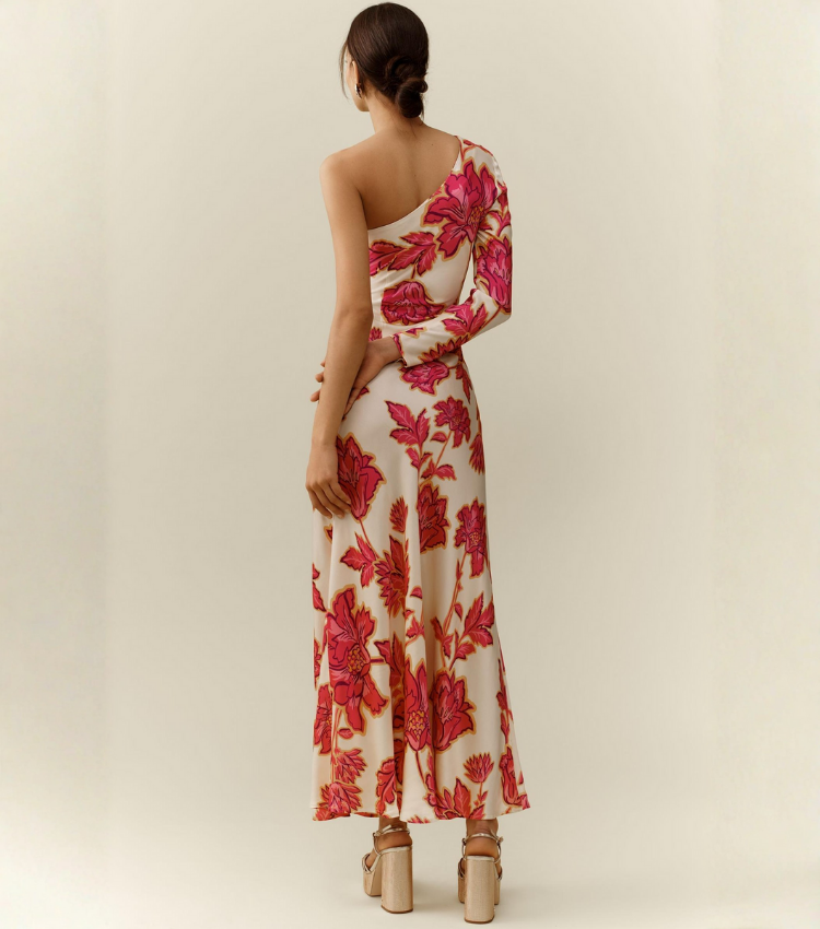 Oblique Shoulder  Printed Dress