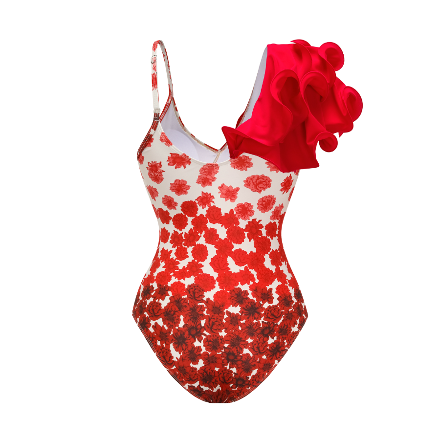 Flower Gradient Print One Shoulder Ruffle One Piece Swimsuit and Skirt