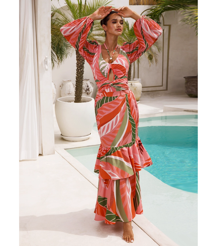 Long-sleeved Artificial Stone Decor One Piece Swimsuit and Skirt Flaxmaker