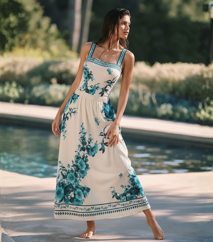 Dark Cyan Botanical Flower Print Swimsuit Set(s)