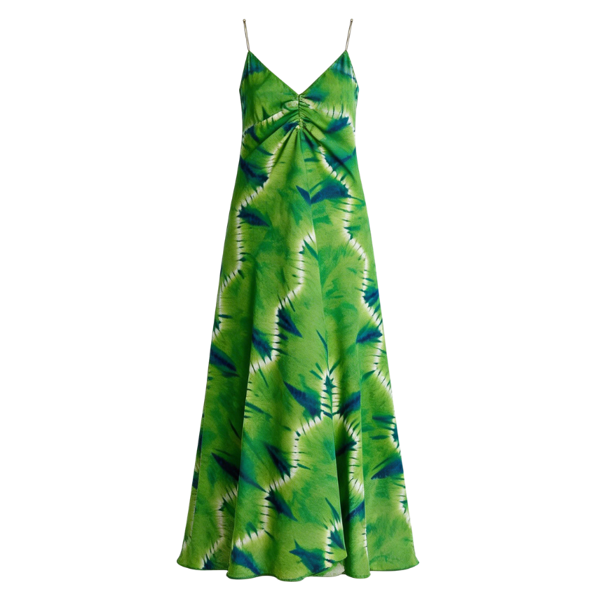 Green Tie Dye Ruched Maxi Dress