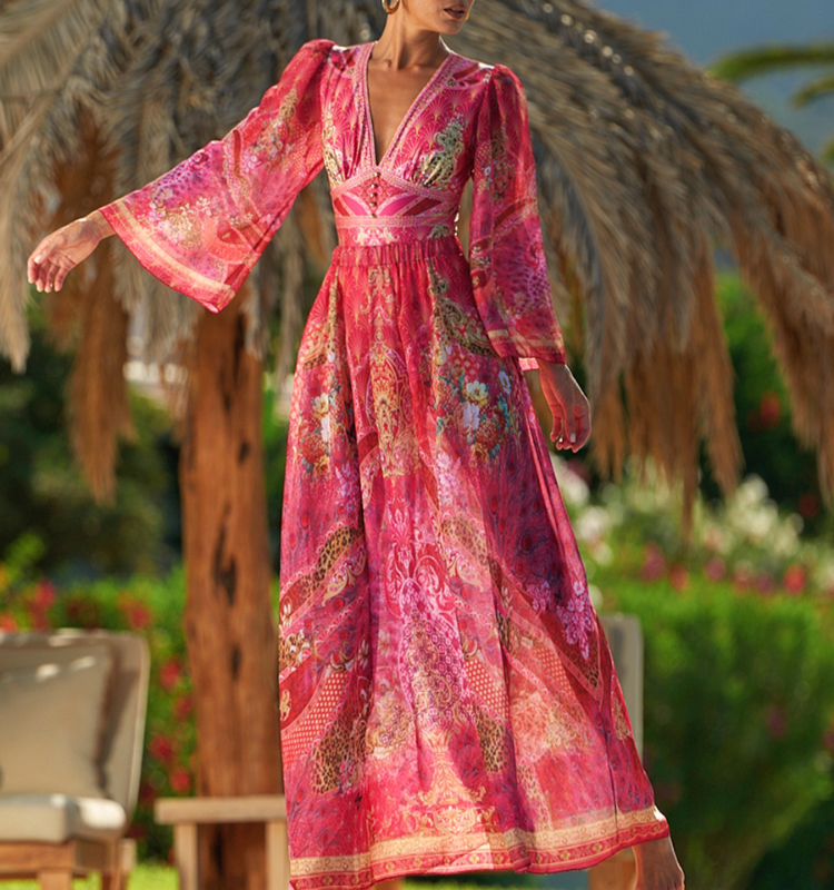 Long-sleeved Rose Red Blooming Flower Print One Piece Swimsuit and Skirt