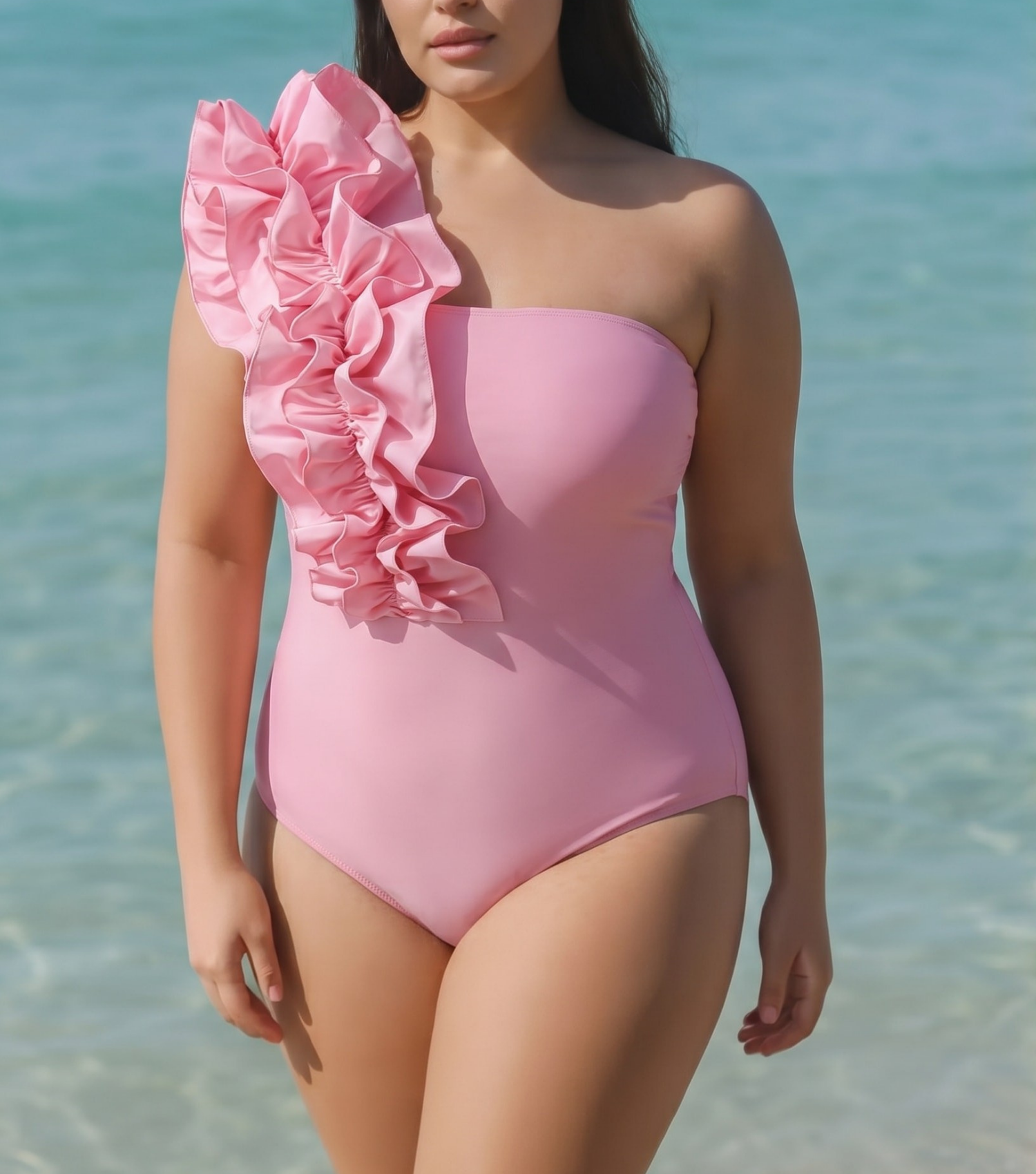 Plus Size One Shoulder Ruffle Solid Color One Piece Swimsuit and Skirt