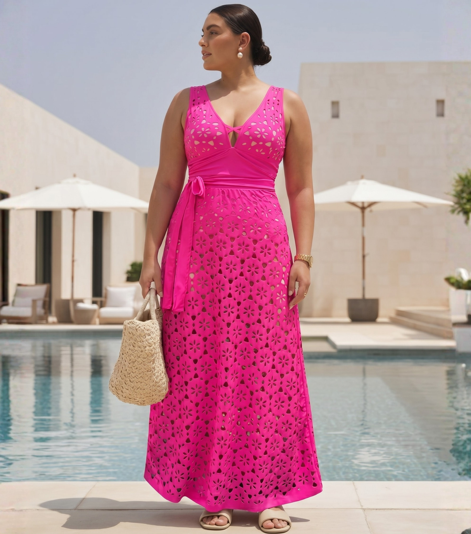 Plus Size Laser Hollow Out One Piece Swimsuit and Skirt