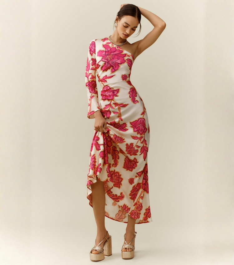 Oblique Shoulder  Printed Dress