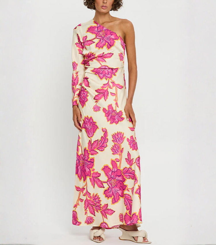 Oblique Shoulder  Printed Dress