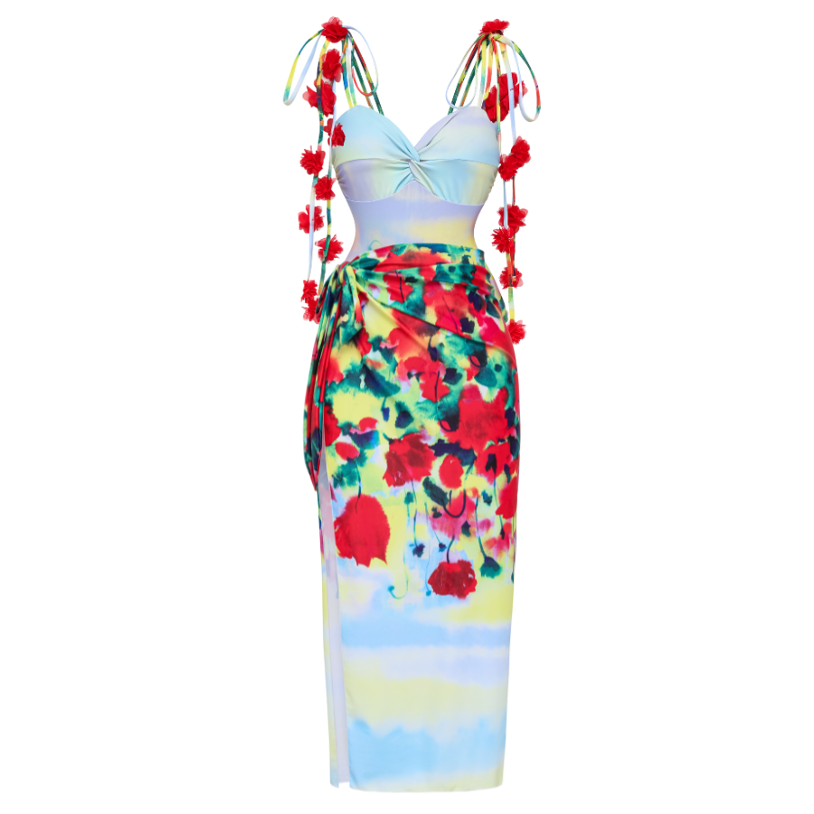 Tie-shoulder Phantom Garden One Piece Swimsuit and Sarong