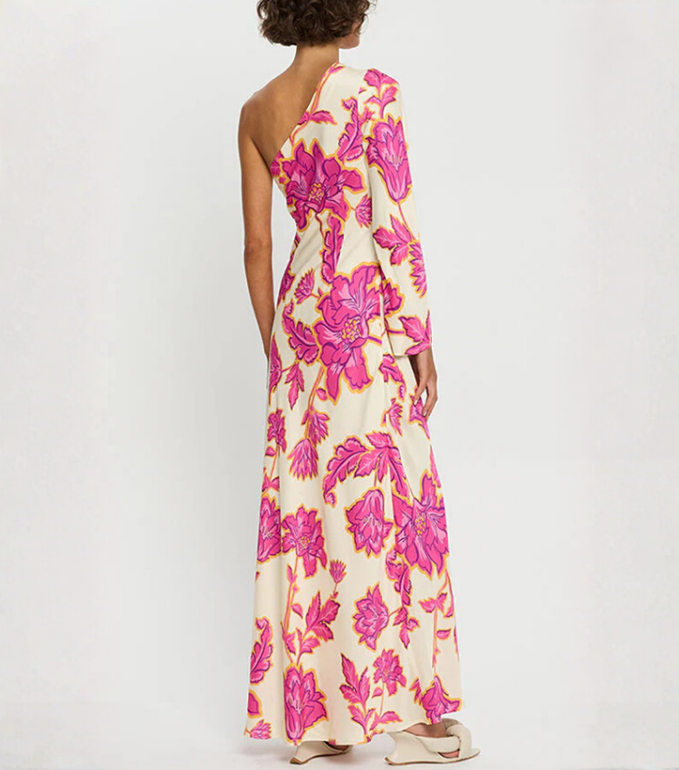 Oblique Shoulder  Printed Dress