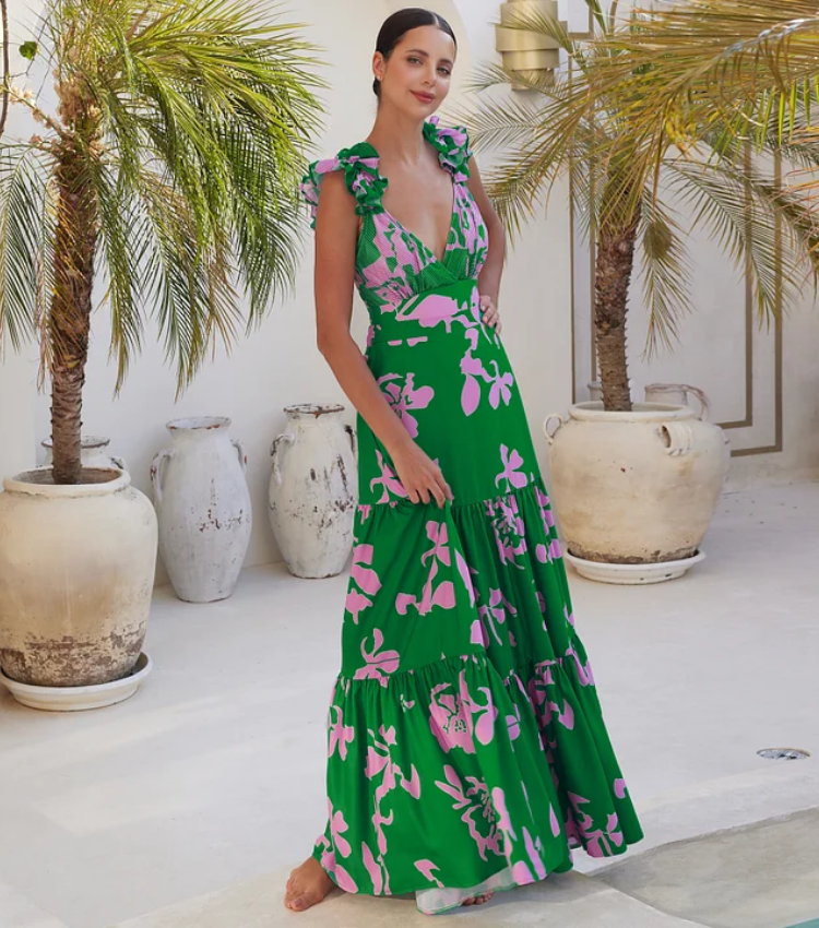 Ruffled Strap Printed One Piece Swimsuit and Skirt Flaxmaker