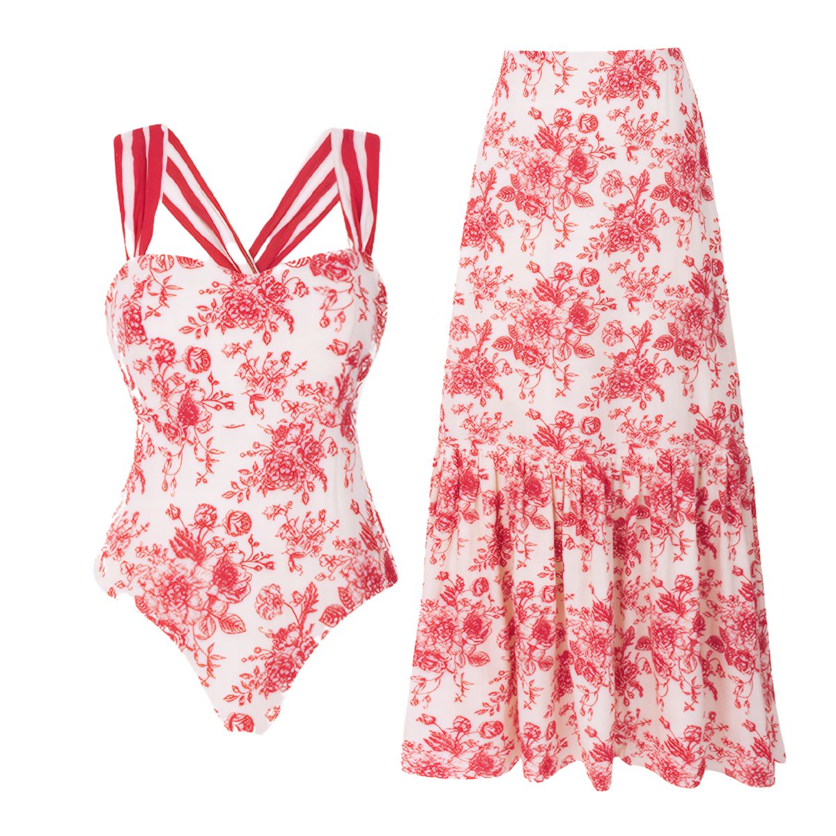 Cross Straps Printed One Piece Swimsuit and Skirt