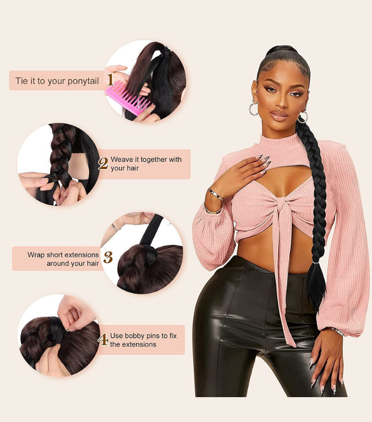 Long Braided Ponytail Synthetic Hair Extension With Hair Tie