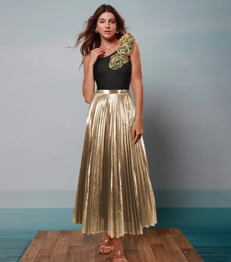 Golden 3D Flower Black or White One Piece Swimsuit  and Skirt