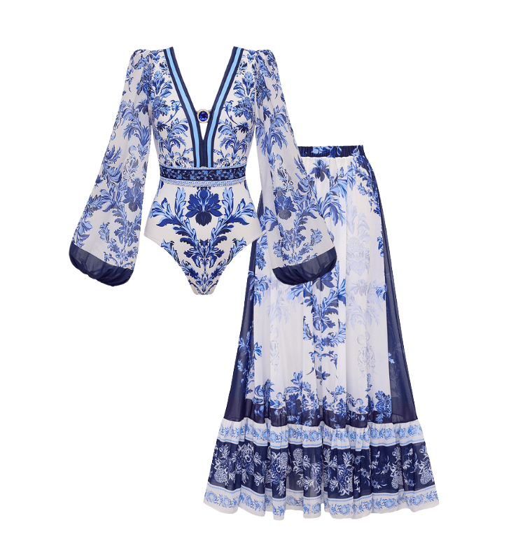 Long Sleeve Flower Color Block Print One Piece Swimsuit and Skirt/Pants